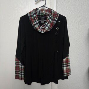 Ali Miles Cowl Neck Oversized Casual Black Red Plaid Print Pullover Tunic PL